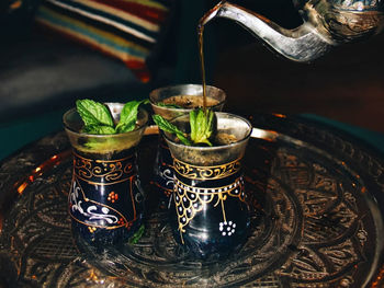 High angle view of drink in glass on table