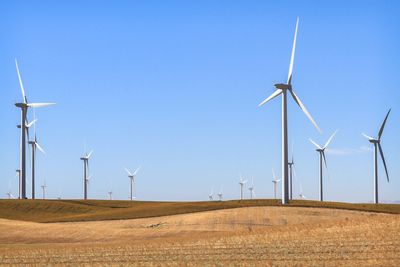 Wind turbines in farm against clear sky