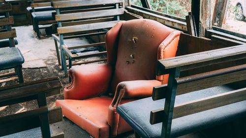 High angle view of old bench