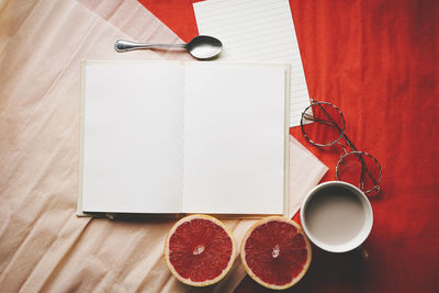 High angle view of objects on table