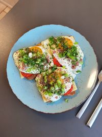 High angle view of breakfast served in plate