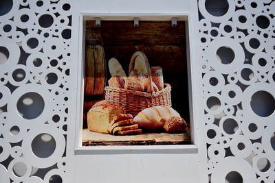 Close-up of cake in basket on table