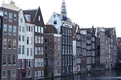 Buildings in city against clear sky
