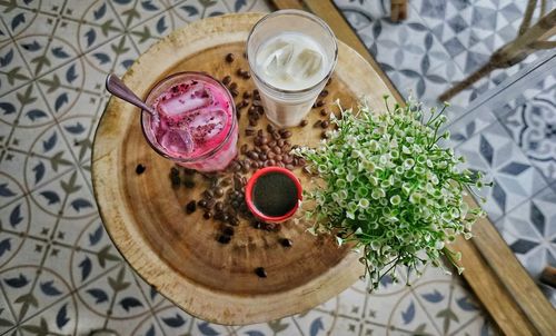 High angle view of drink on table