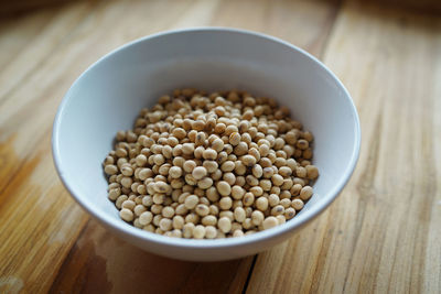 High angle view of pasta in bowl on table