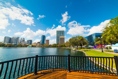 River by buildings in city against sky