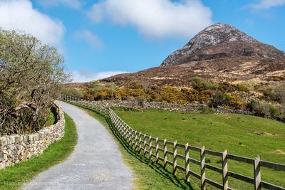 Footpath leading towards mountains against sky