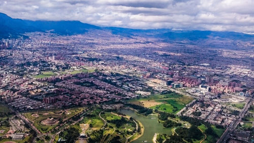 High angle view of cityscape against sky