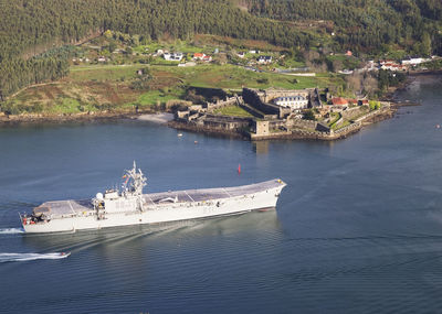 High angle view of ship on sea