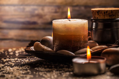 Close-up of illuminated candles on table