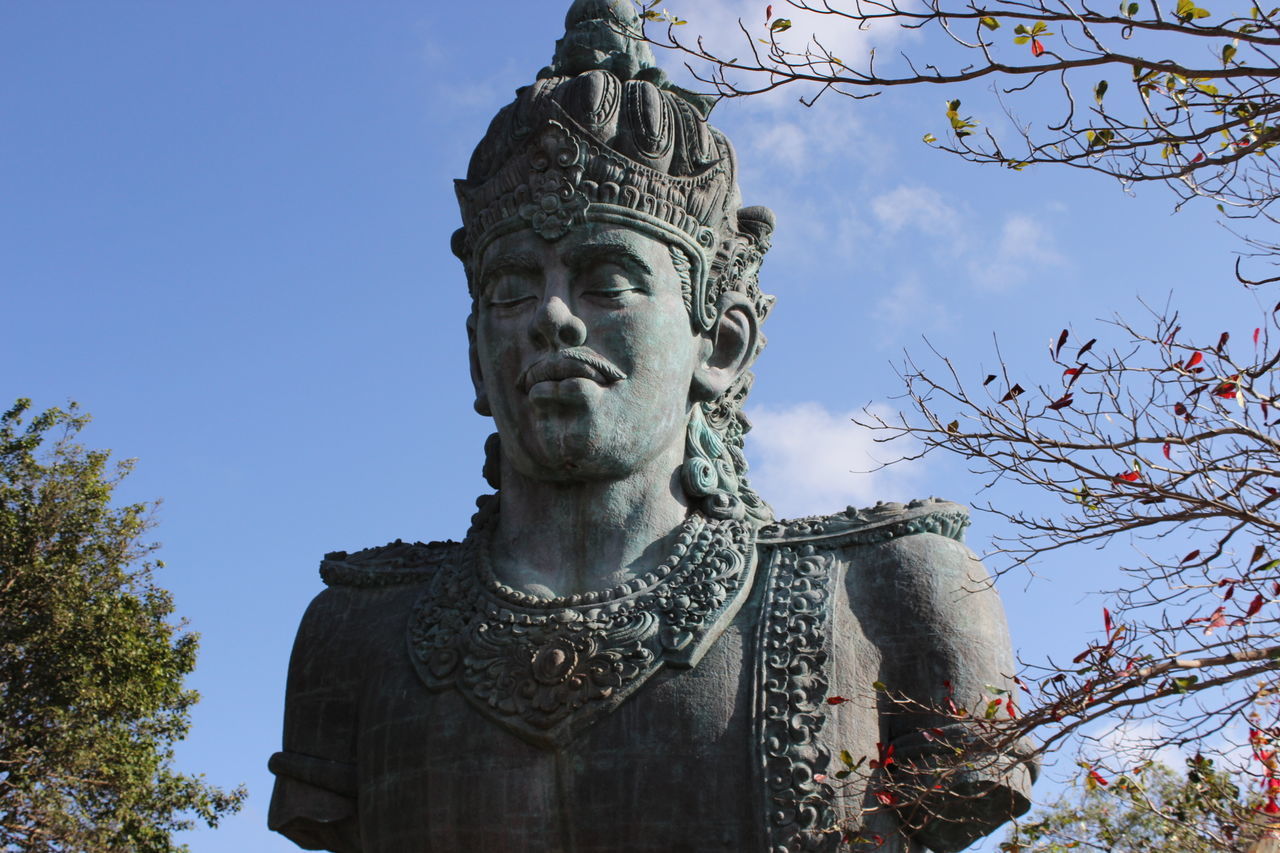 statue, human representation, sculpture, art and craft, art, creativity, low angle view, religion, carving - craft product, spirituality, sky, place of worship, famous place, tree, buddha, travel destinations, history