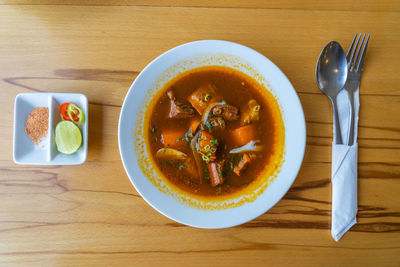 High angle view of soup in bowl on table