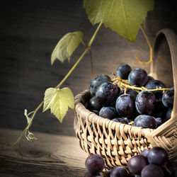 Close-up of grapes in basket on table