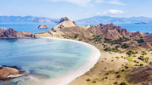 Scenic view of mountains by sea