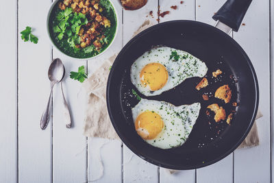 High angle view of breakfast served on table