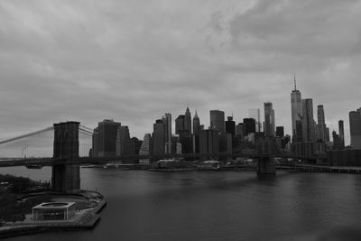 View of buildings by river against cloudy sky