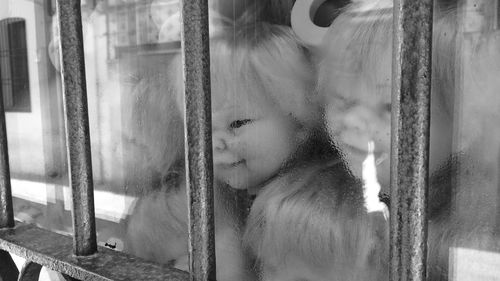 Close-up of dolls seen through security bars at shop