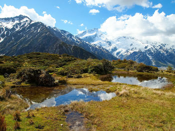 Scenic view of lake and mountains against sky