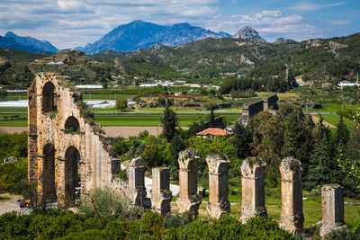 Roman aqueduct of the ancient city of aspendos, turkey. ancient bridge structure 