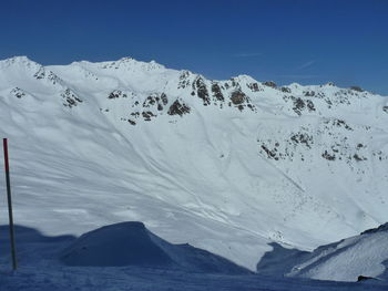 Scenic view of mountains against clear blue sky