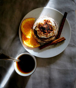 High angle view of breakfast served on table