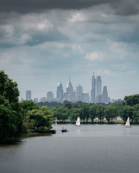 A shot of the philadelphia skyline with sailboats in the cooper river