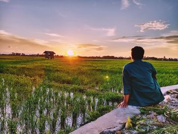 Rear view of man sitting on field against sky during sunset