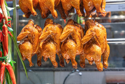 Whole roasted chickens hang in rows at chinese restaurant's showcase