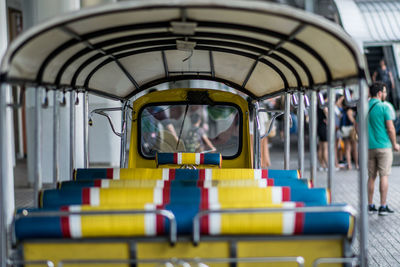 Rear view of people traveling in bus
