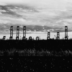 Cranes on field against sky