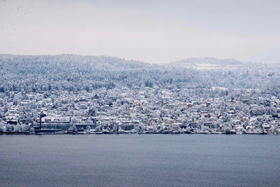 Aerial view of city buildings during winter