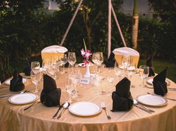 Place setting on table at restaurant