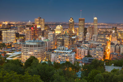 Illuminated buildings in city