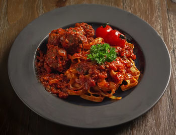 High angle view of meat in plate on table