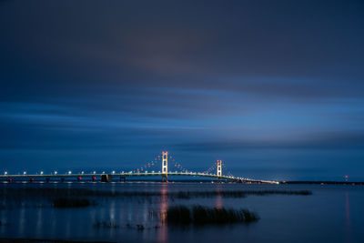 Illuminated bridge over water against cloudy sky