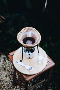 High angle view of coffee cup on table