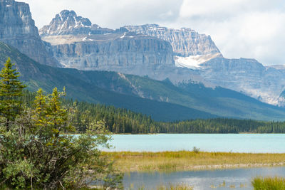 Scenic view of lake and mountains against sky