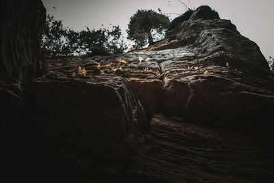 Low angle view of rock formation on land against sky