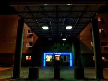 Interior of illuminated building at night