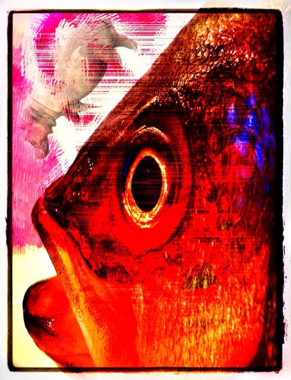 transfer print, auto post production filter, close-up, art and craft, still life, red, creativity, art, indoors, animal representation, single object, no people, human representation, old, wood - material, ideas, detail, metal, anthropomorphic face