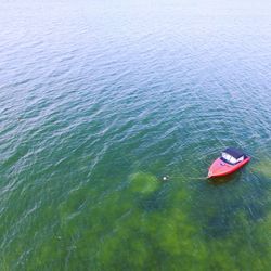 High angle view of boat sailing in sea