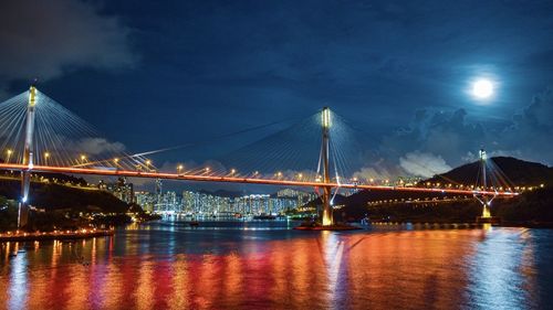 Illuminated bridge over river against sky