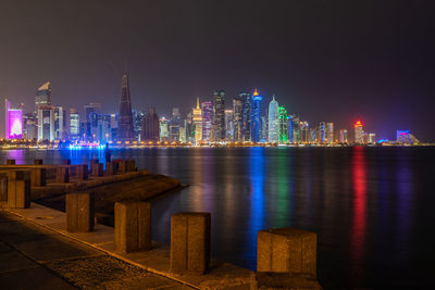 Illuminated city buildings at night