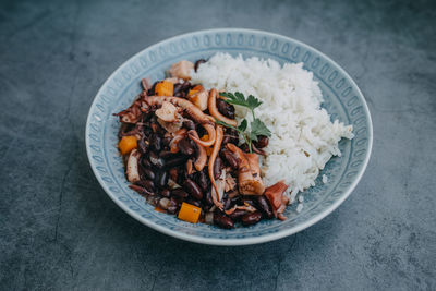 High angle view of food in bowl on table