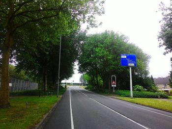 Road sign by trees in city against sky