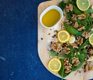 Directly above shot of breakfast served on cutting board