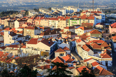 High angle view of houses in town