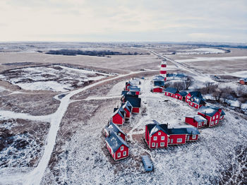 High angle view of cars on road against sky