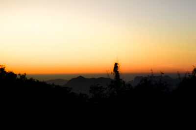 Scenic view of silhouette trees against orange sky