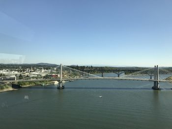 View of suspension bridge over river